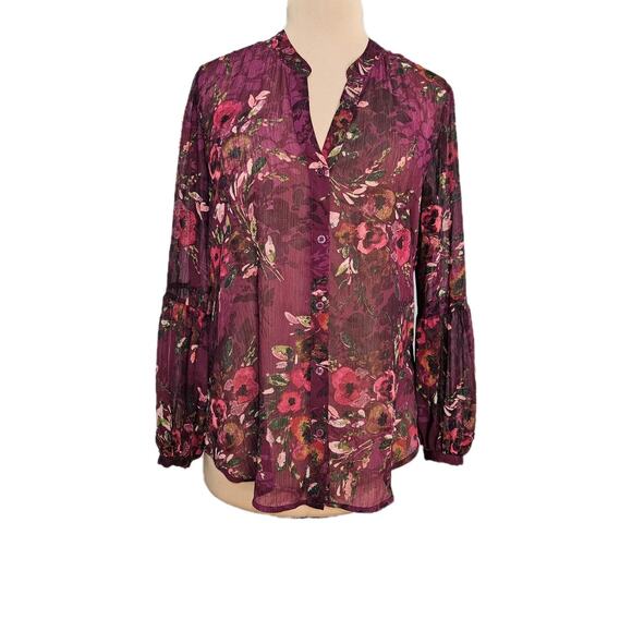 Kut from the Kloth Purple Floral Semi Sheer Long Sleeve Boho Top Womens Large - Picture 1 of 15